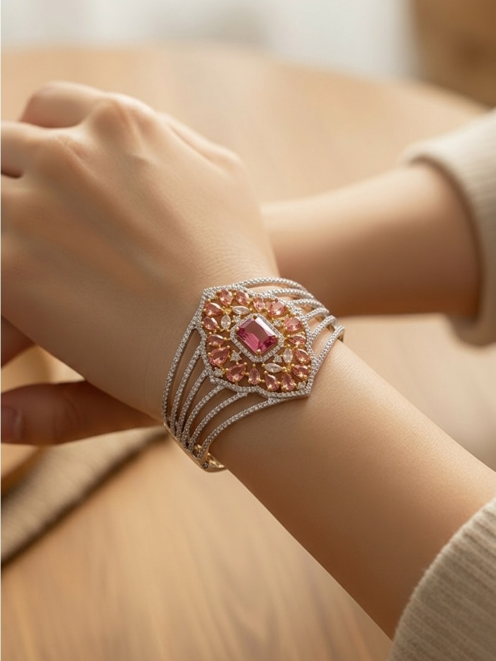 Elegant Pink Crystal Cuff Bracelet - Women Jewelry